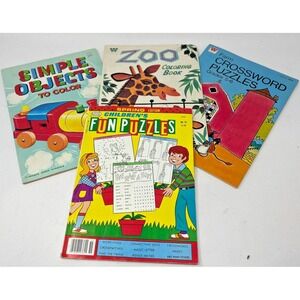 Vintage Whitman Coloring & Puzzle Books Lot of 4 Zoo Farm Simple Objects Fun